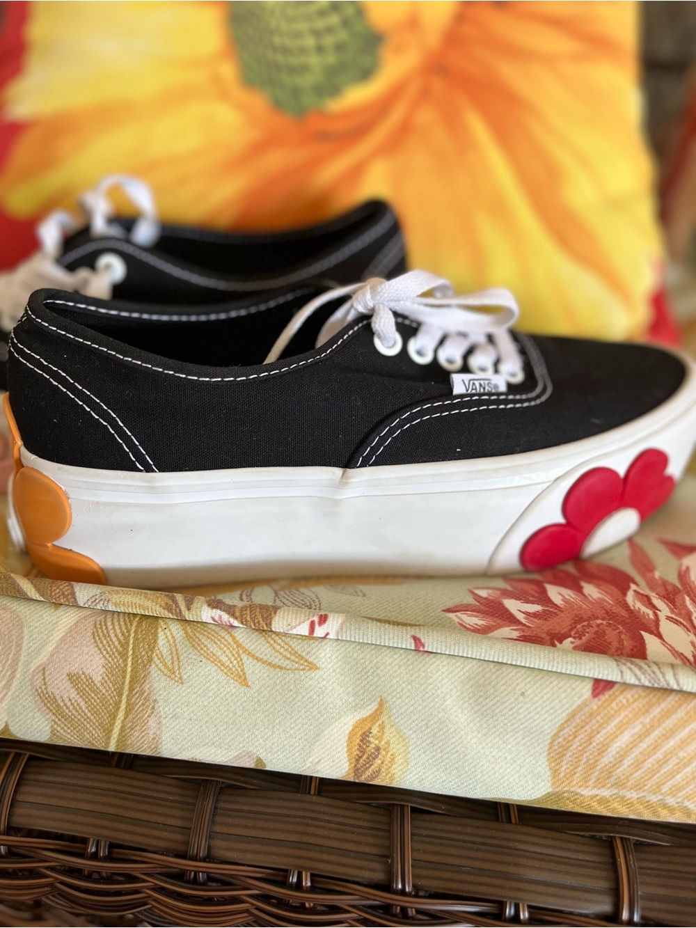 Vans Black Canvas Platform Sneakers with Pink Flower Detail - Picture 9 of 9